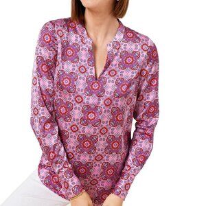 Talbots Soft Satin Charmeuse Top Sun Medallion Print Long Sleeve Size XL